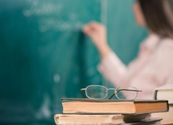 Livros, óculos e professora escrevendo no quadro; processo seletivo para professores está aberto (Foto: Reprodução/Google)